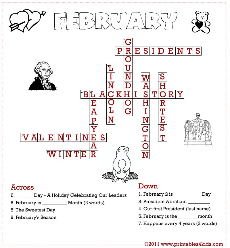 February Crossword Puzzle Answer Key Printables for Kids free word